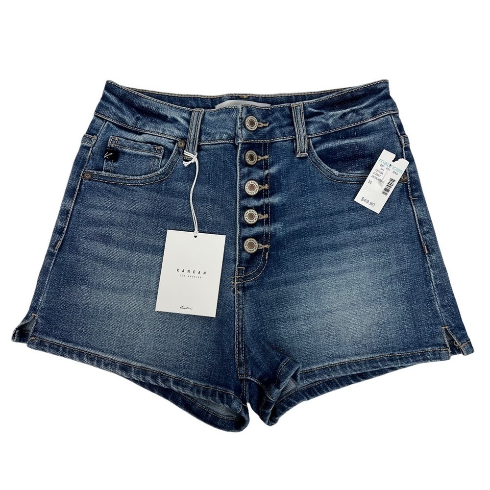 NWT KanCan Junior Women’s Blue Jeans Shorts Sz 3/25 Button Fly High Rise Stretch